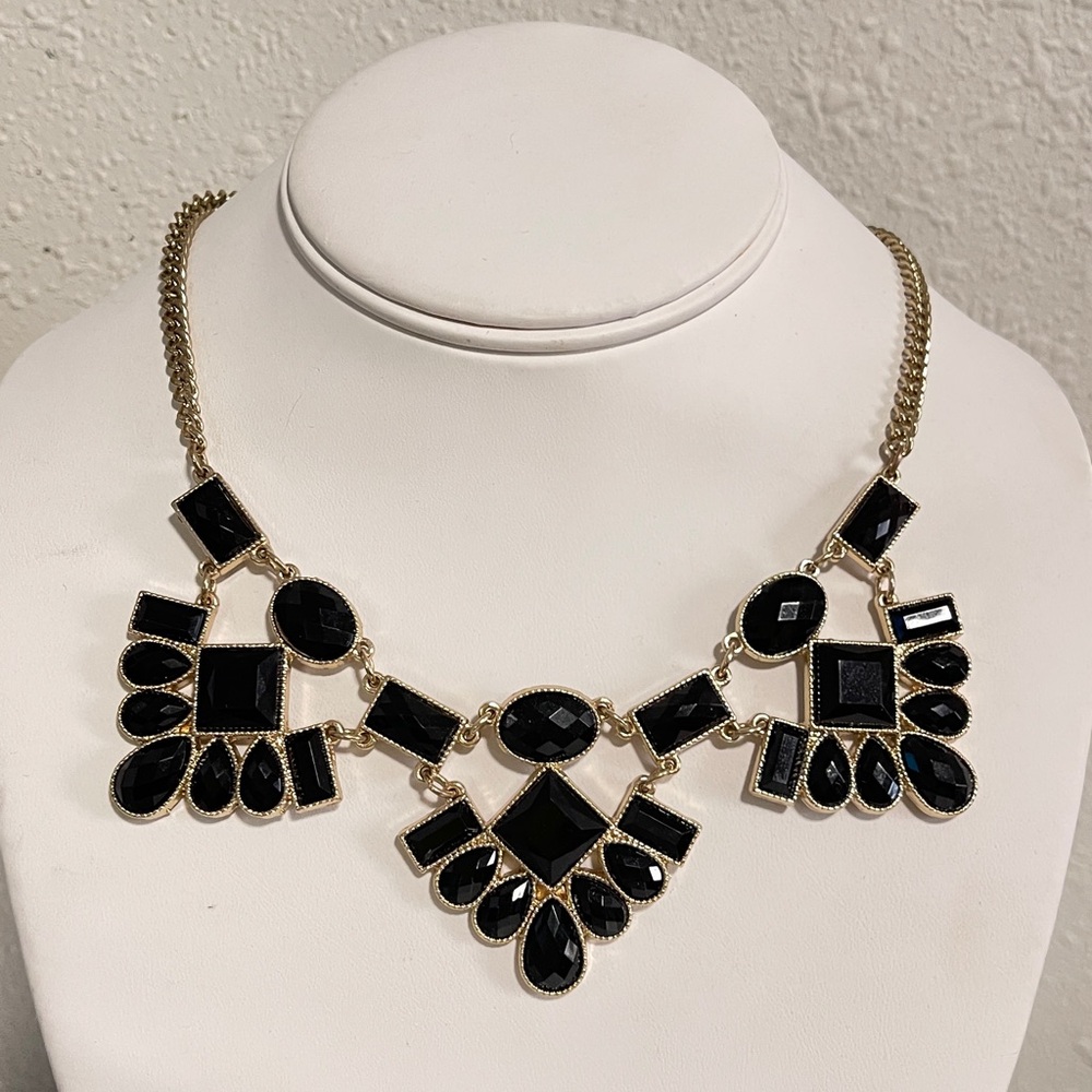 Statement Necklace Black Gold Tone Geometric Bib